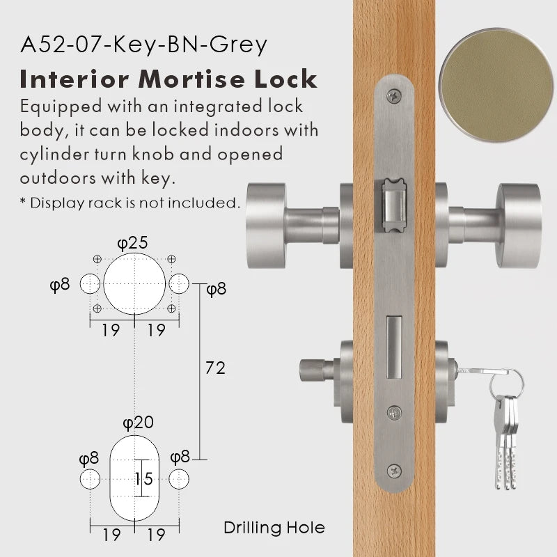 Round Solid Brass Door Knob Set, European Mortise