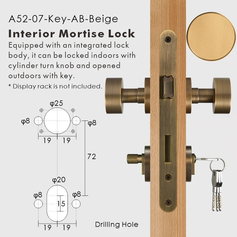 Round Solid Brass Door Knob Set, European Mortise