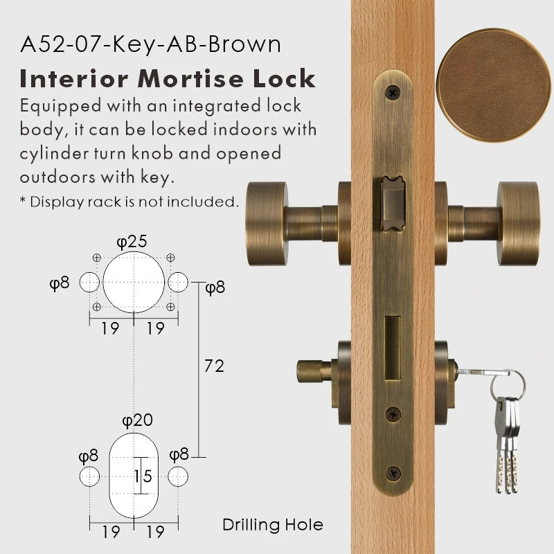 Round Solid Brass Door Knob Set, European Mortise