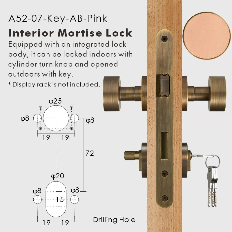 Round Solid Brass Door Knob Set, European Mortise