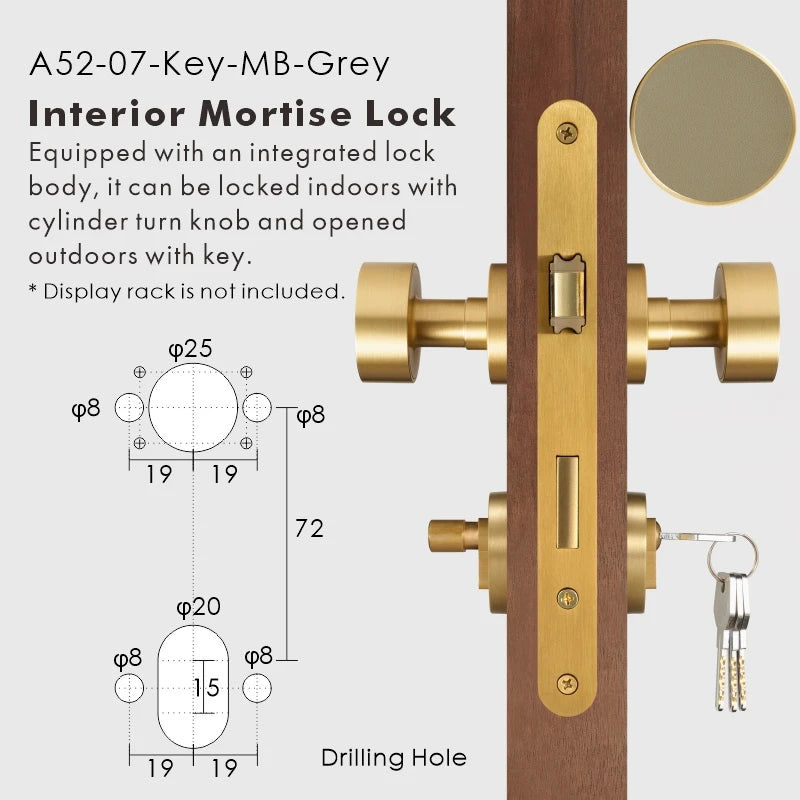 Round Solid Brass Door Knob Set, European Mortise