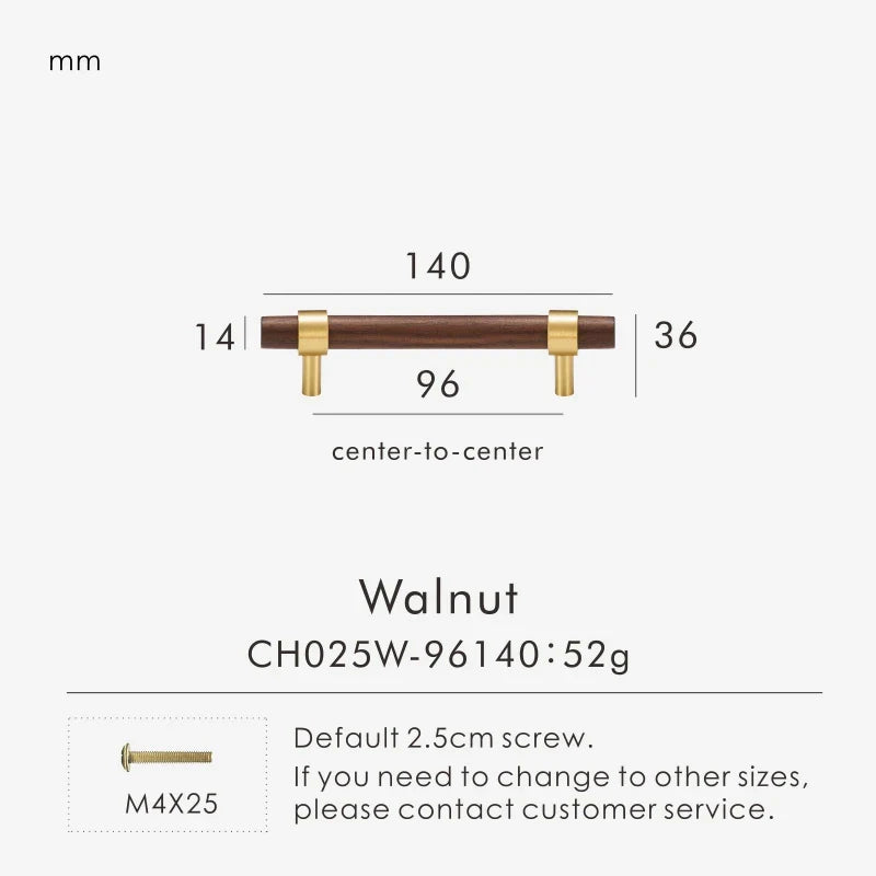 Brass & Wood Handle – Scandinavian T-Bar Pull in Walnut or Beech