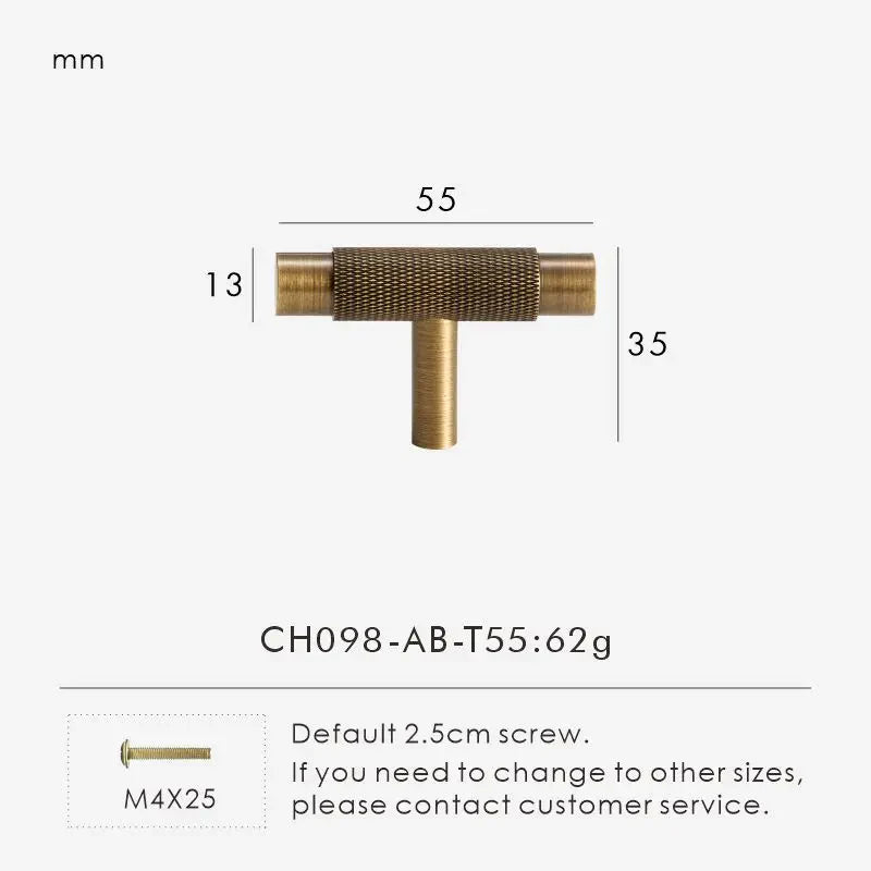 Solid Brass Knurled Handle – Modern T-Bar Cabinet & Drawer Pull