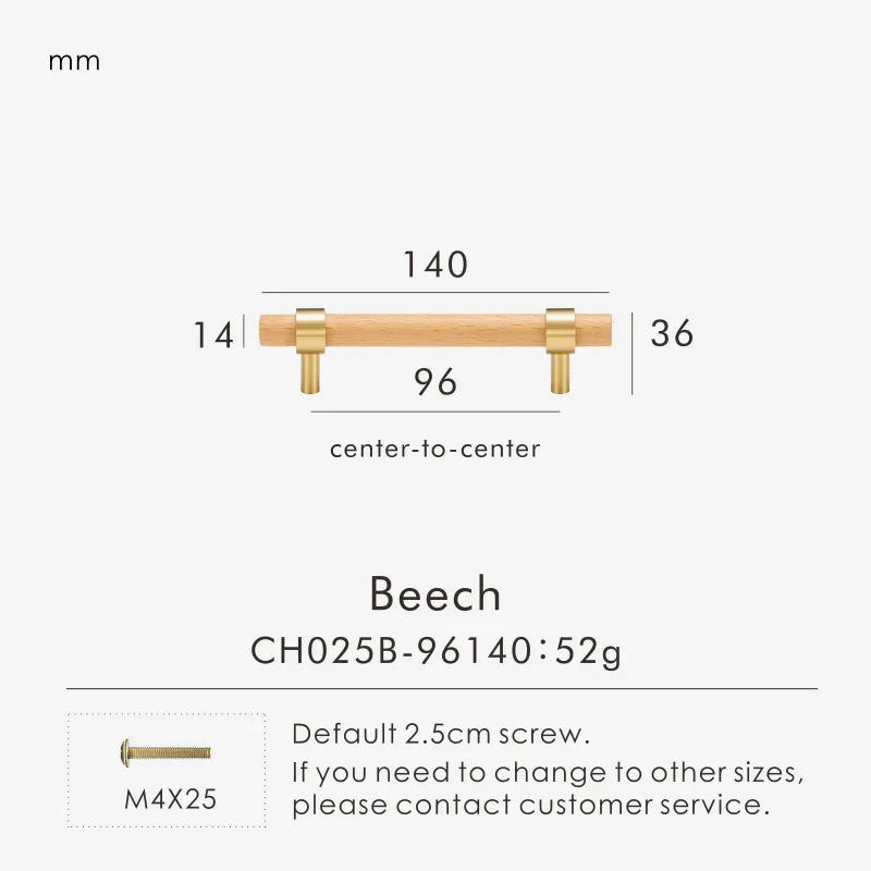 Brass & Wood Handle – Scandinavian T-Bar Pull in Walnut or Beech
