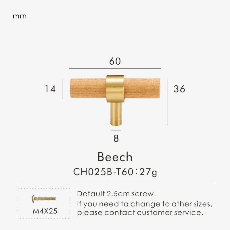 Brass & Wood Handle – Scandinavian T-Bar Pull in Walnut or Beech