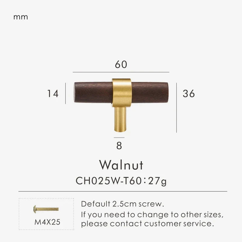 Brass & Wood Handle – Scandinavian T-Bar Pull in Walnut or Beech