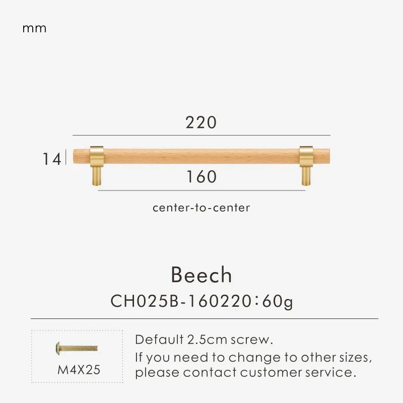 Brass & Wood Handle – Scandinavian T-Bar Pull in Walnut or Beech