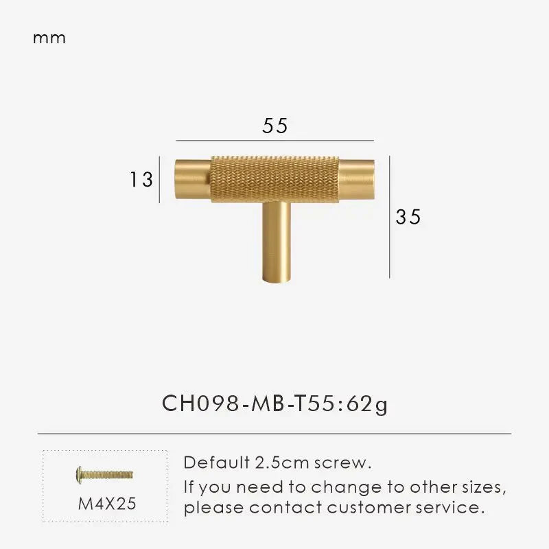 Solid Brass Knurled Handle – Modern T-Bar Cabinet & Drawer Pull