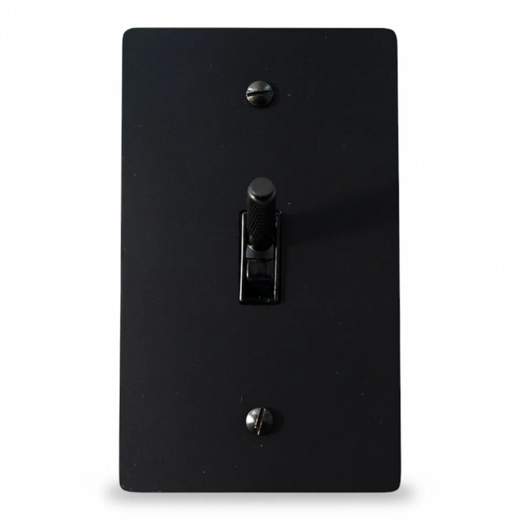Black light switch cover with a single toggle on a white background