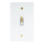 White light switch plate with gold screws on a white background