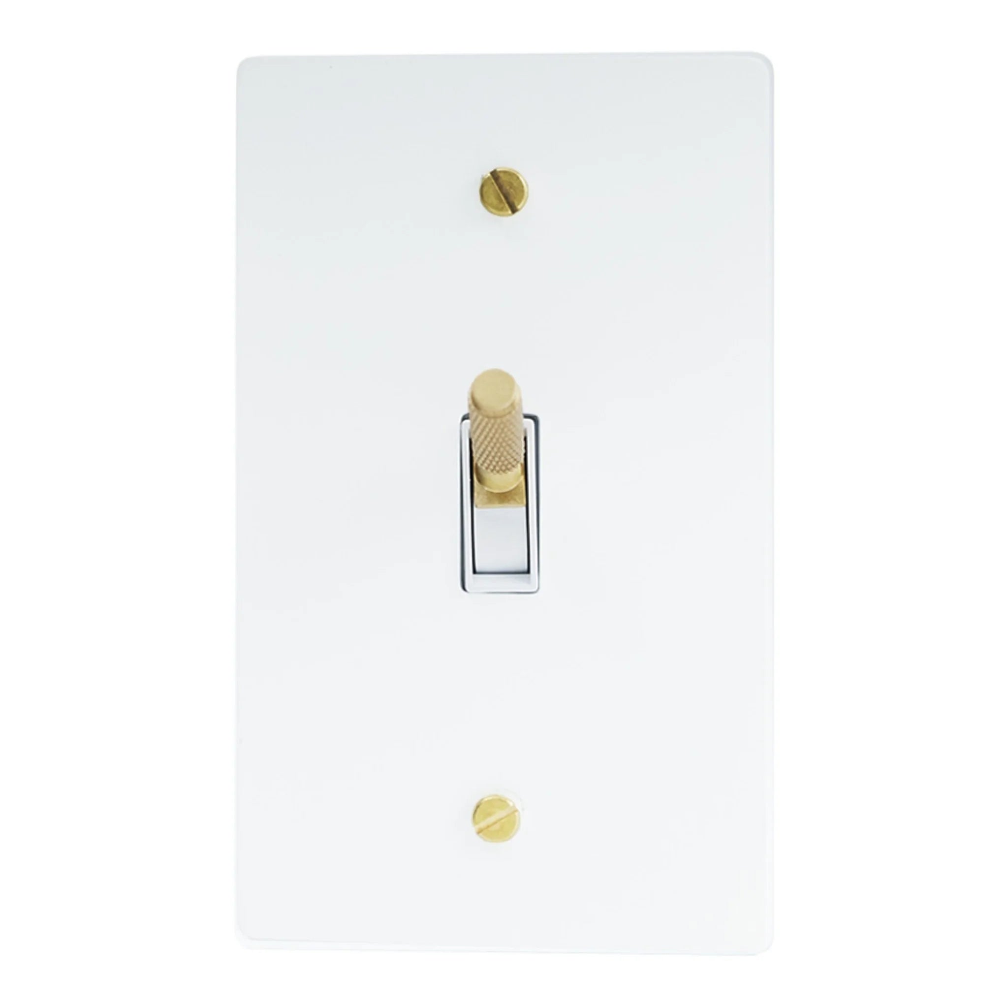 White light switch plate with gold screws on a white background