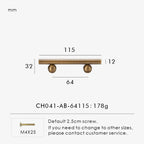Measurement chart for a solid antique brass round handle 115 mm with dimensions and weight information.