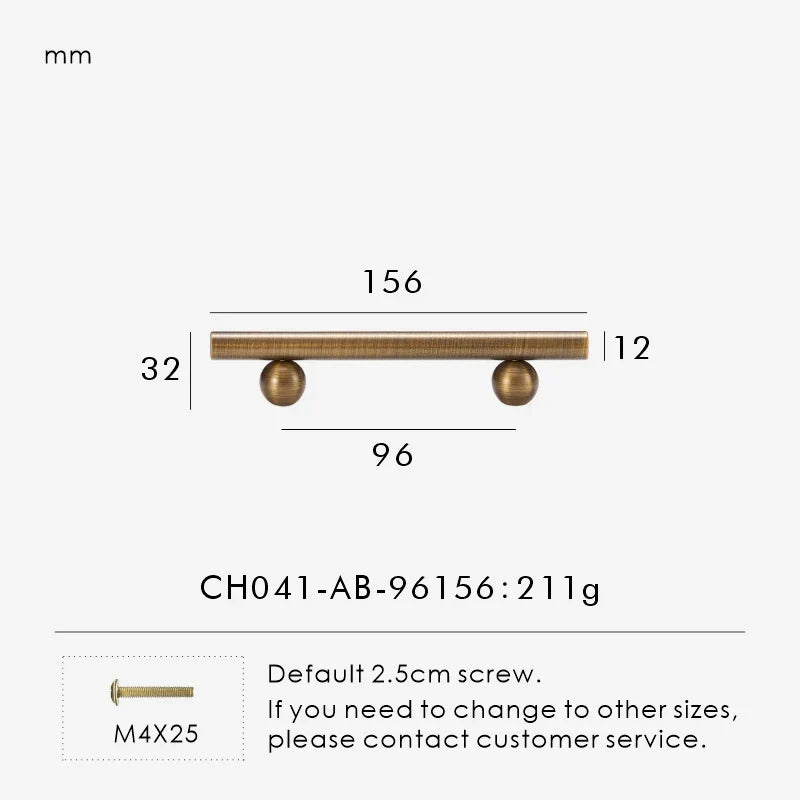 Measurement chart for a solid antique brass round handle 156 mm with dimensions and weight information.