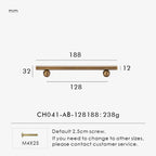 Measurement chart for a solid antique brass round handle 188 mm with dimensions and weight information.