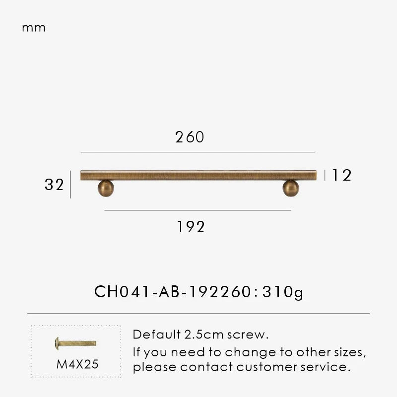 Measurement chart for a solid antique brass round handle 260 mm with dimensions and weight information.
