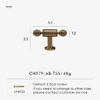 Measurement chart with a vintage-style solid brass ball antique cabine t-bar 55 mm long and dimensions on a white background.