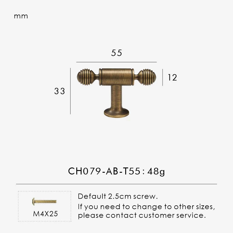 Measurement chart with a vintage-style solid brass ball antique cabine t-bar 55 mm long and dimensions on a white background.