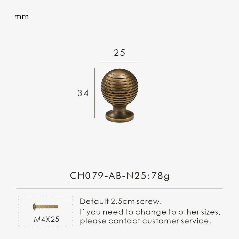 Measurement chart with a vintage-style solid brass ball antique cabinet knob 25 mm long and dimensions on a white background.