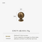 Measurement chart with a vintage-style solid brass ball antique cabinet knob 25 mm long and dimensions on a white background.