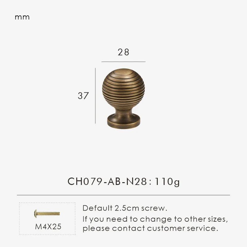 Measurement chart with a vintage-style solid brass ball antique cabinet knob 28 mm long and dimensions on a white background.