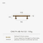 Measurement chart with a vintage-style solid brass ball antique cabinet pull 152 mm long and dimensions on a white background.