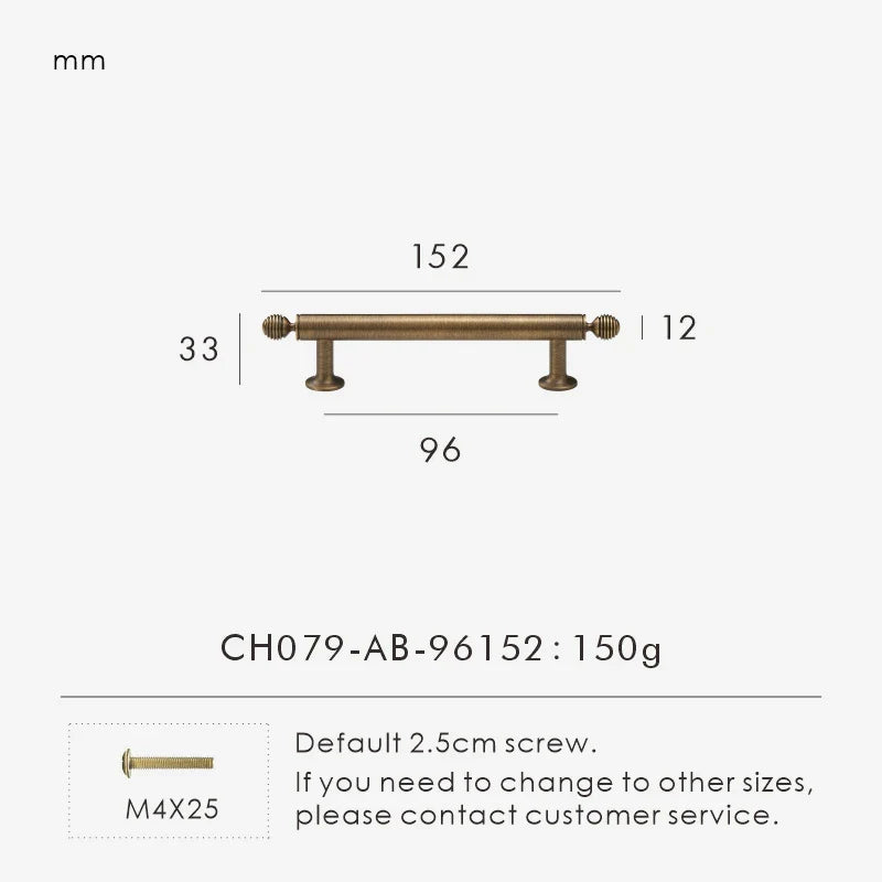 Measurement chart with a vintage-style solid brass ball antique cabinet pull 152 mm long and dimensions on a white background.