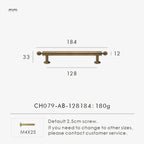 Measurement chart with a vintage-style solid brass ball antique cabinet pull 184 mm long and dimensions on a white background.