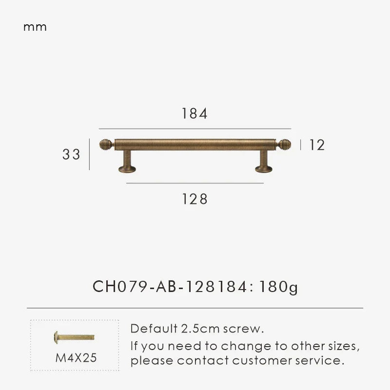 Measurement chart with a vintage-style solid brass ball antique cabinet pull 184 mm long and dimensions on a white background.