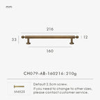 Measurement chart with a vintage-style solid brass ball antique cabinet pull 216 mm long and dimensions on a white background.