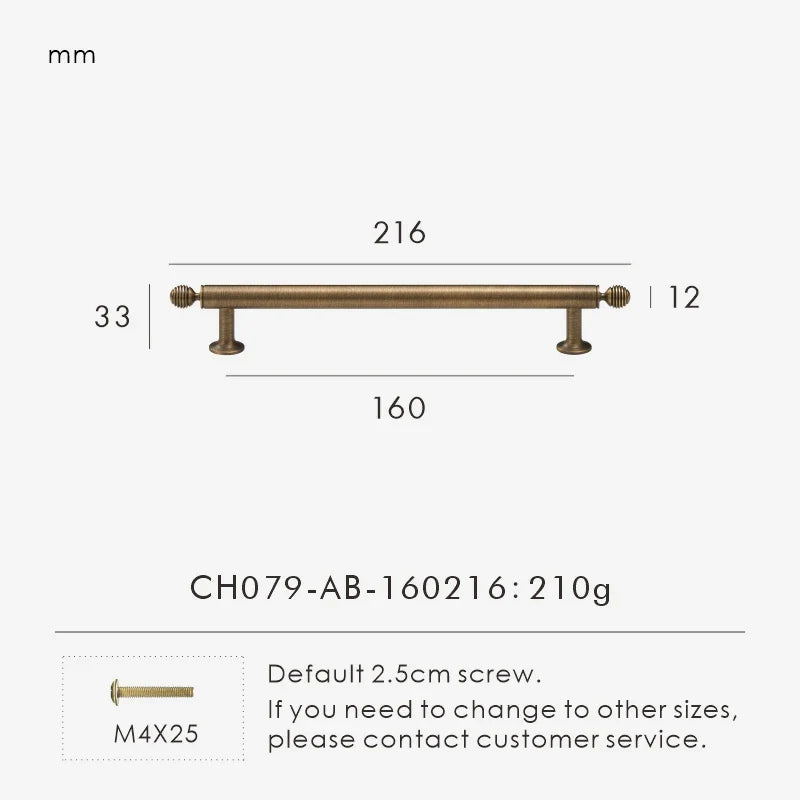 Measurement chart with a vintage-style solid brass ball antique cabinet pull 216 mm long and dimensions on a white background.
