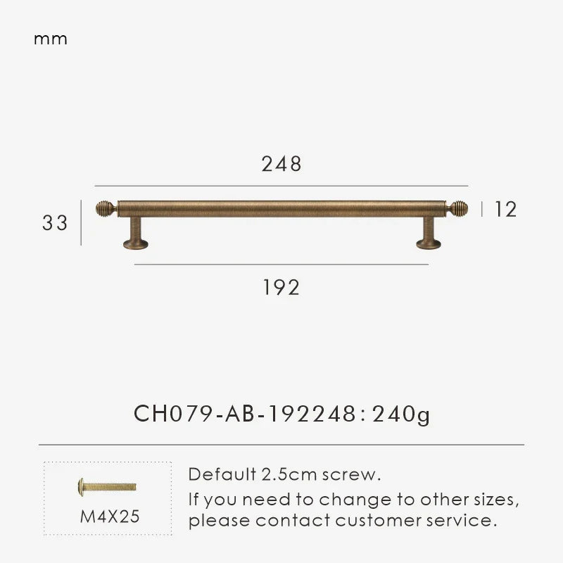 Measurement chart with a vintage-style solid brass ball antique cabinet pull 248 mm long and dimensions on a white background.