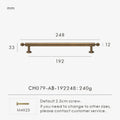 Measurement chart with a vintage-style solid brass ball antique cabinet pull 248 mm long and dimensions on a white background.