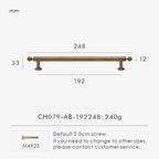 Measurement chart with a vintage-style solid brass ball antique cabinet pull 248 mm long and dimensions on a white background.