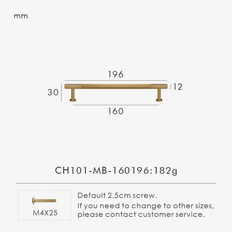 Measurement chart for a solid gold brass  linear handle 196 mm with dimensions and weight information.