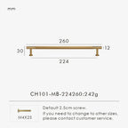 Measurement chart for a solid gold brass  linear handle 260 mm with dimensions and weight information.