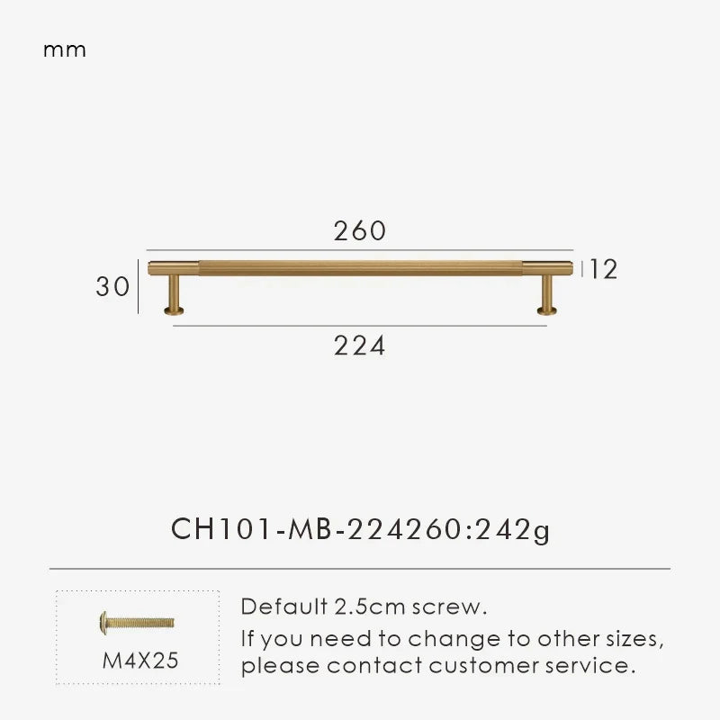 Measurement chart for a solid gold brass  linear handle 260 mm with dimensions and weight information.