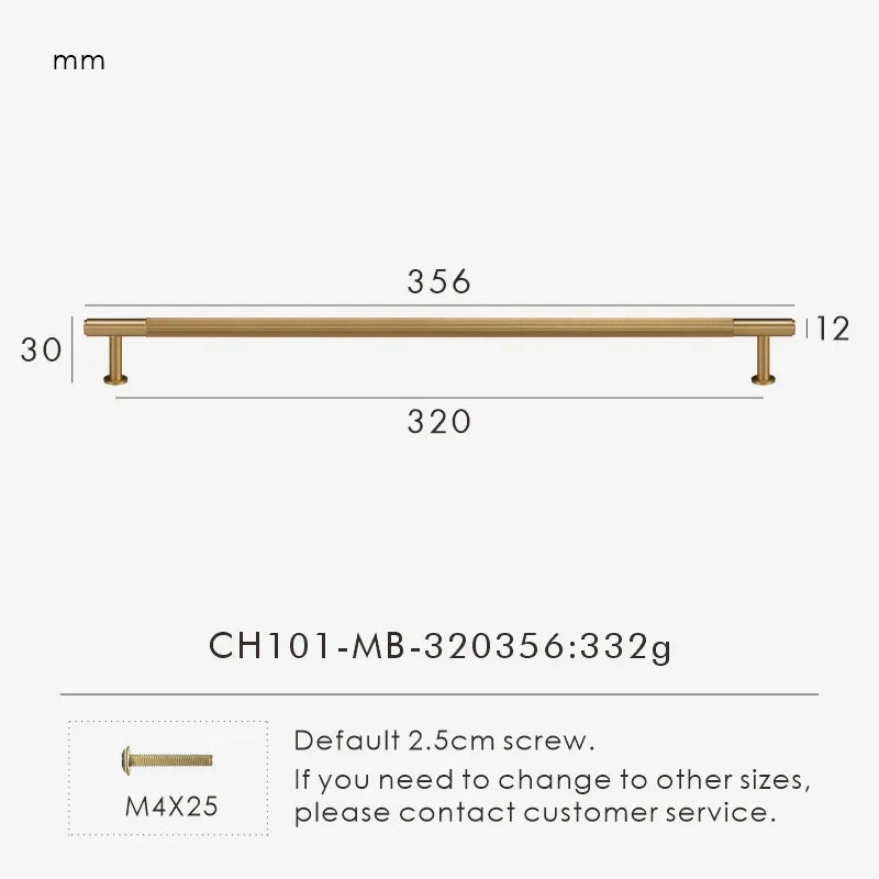 Measurement chart for a solid gold brass  linear handle 356 mm with dimensions and weight information.