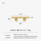 Measurement chart for a solid gold brass round handle 115 mm with dimensions and weight information.