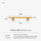 Measurement chart for a solid gold brass round handle 156 mm with dimensions and weight information.