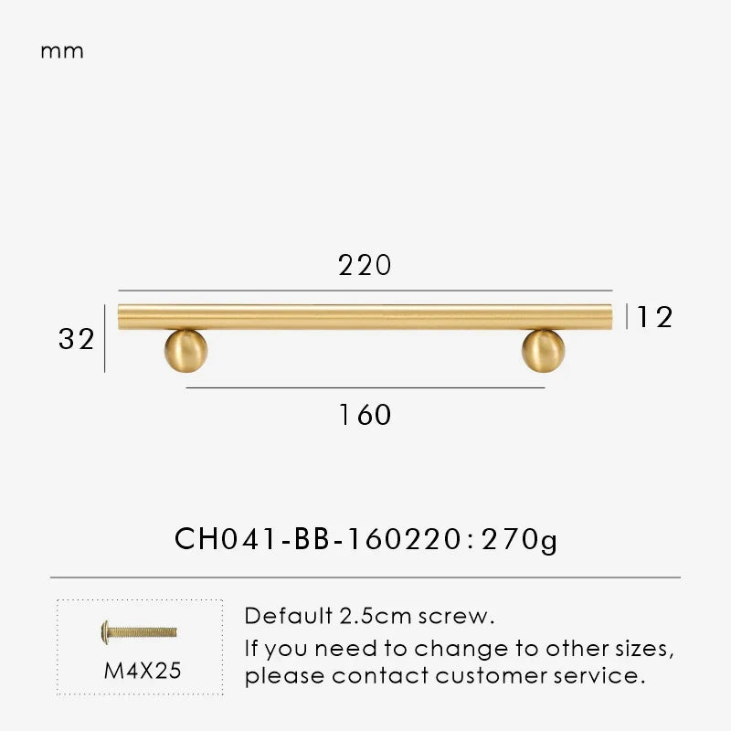 Measurement chart for a solid gold brass round handle 220 mm with dimensions and weight information.