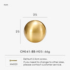 Measurement chart for a solid gold brass round knob 25 mm with dimensions and weight information.