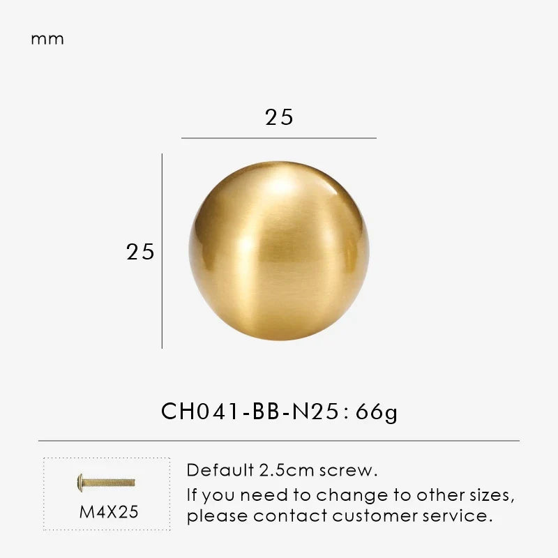 Measurement chart for a solid gold brass round knob 25 mm with dimensions and weight information.