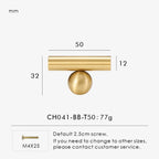 Measurement chart for a solid gold brass round t-bar 50 mm with dimensions and weight information.