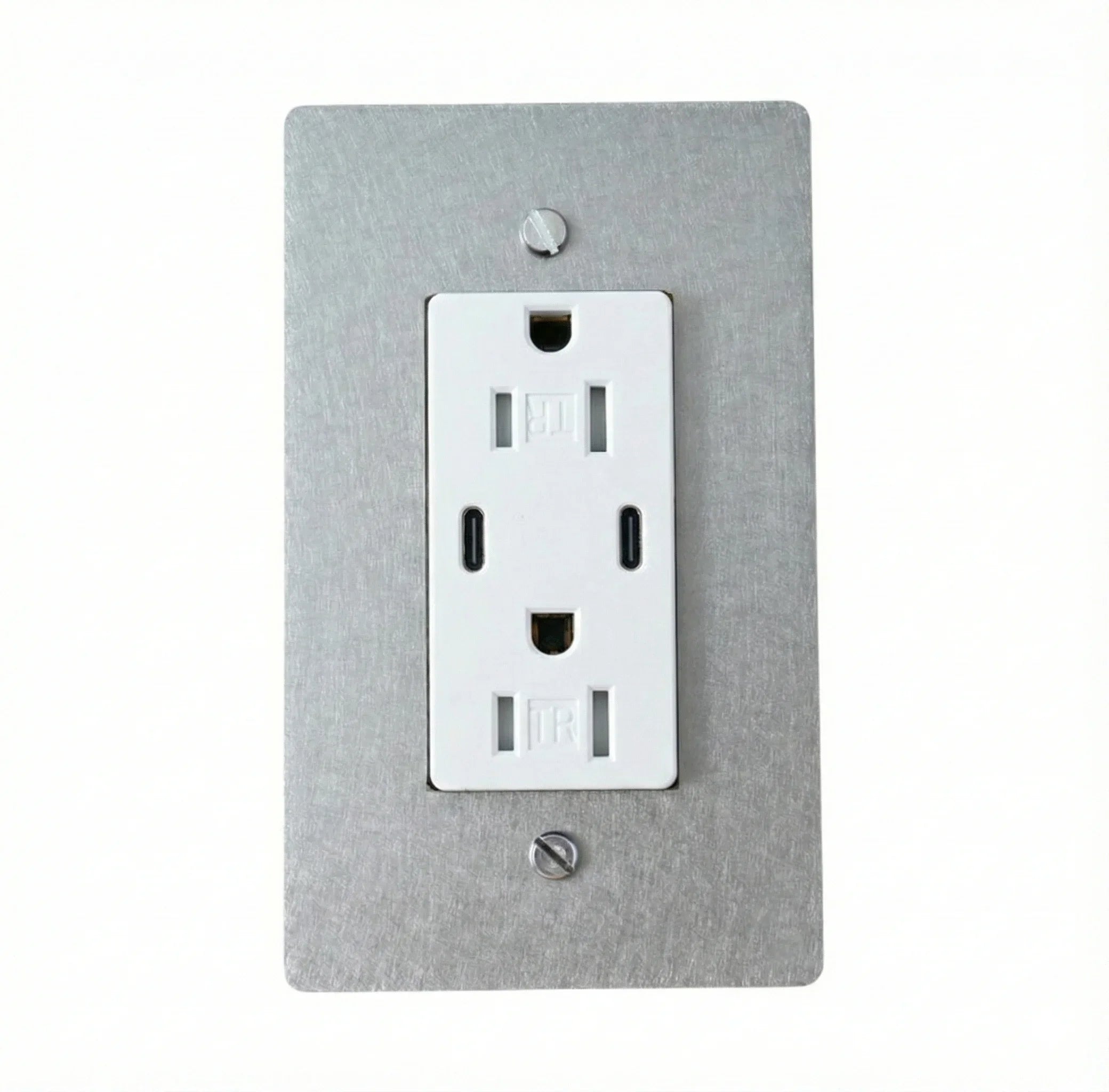 White electrical outlet on a gray wall plate against a white background