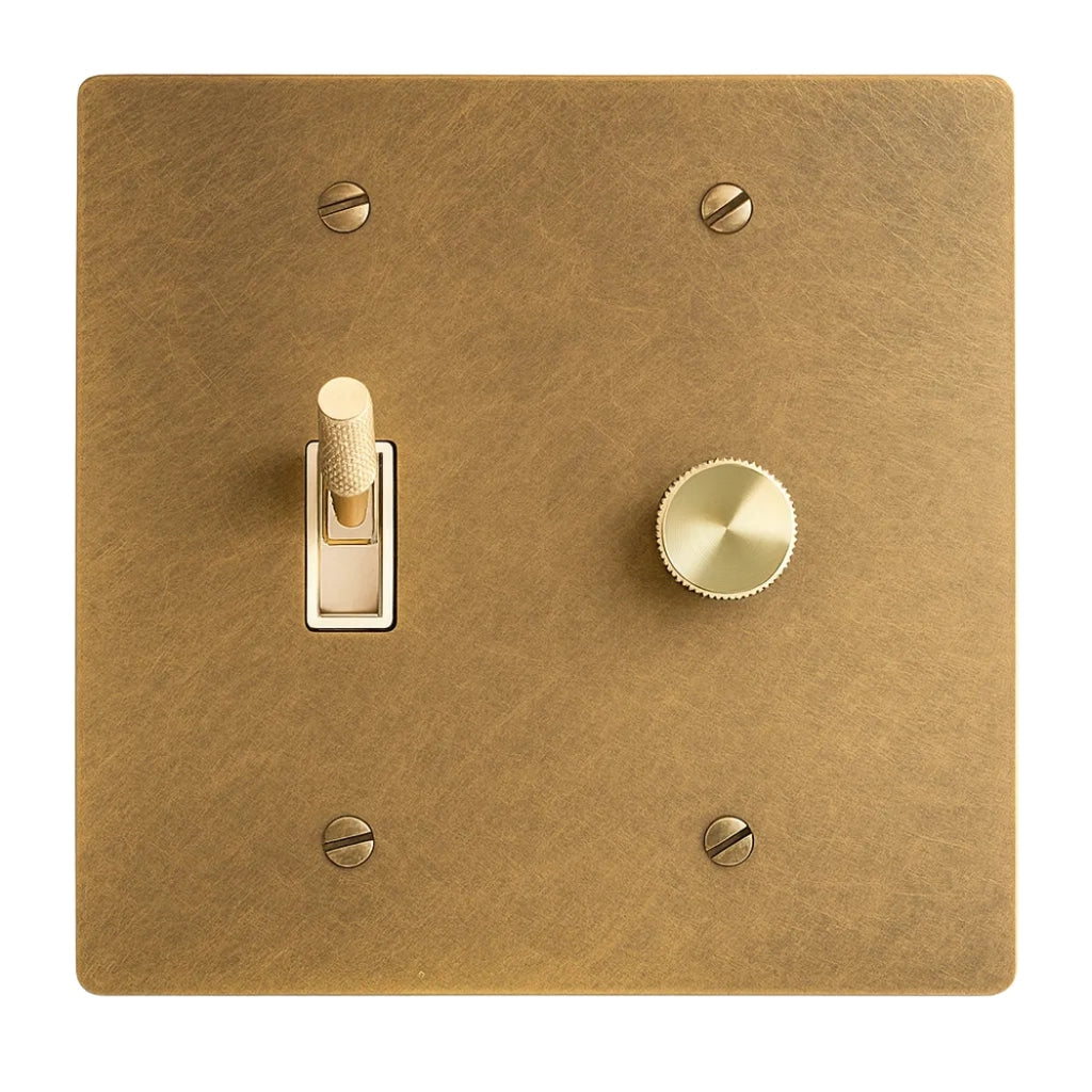2-Gang Solid Brass Rotary Dimmer + Toggle Switch Combo