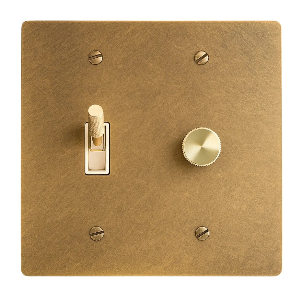 2-Gang Solid Brass Rotary Dimmer + Toggle Switch Combo