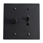 Black light switch plate with two switches on a white background