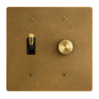 Antique brass wall switch plate with  toggle and gold rotary control on a white background