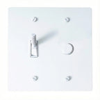 White light switch plate with a toggle switch and rotary dimmer on a white background