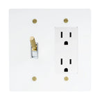 White light switch and outlet cover with gold screws on a white background